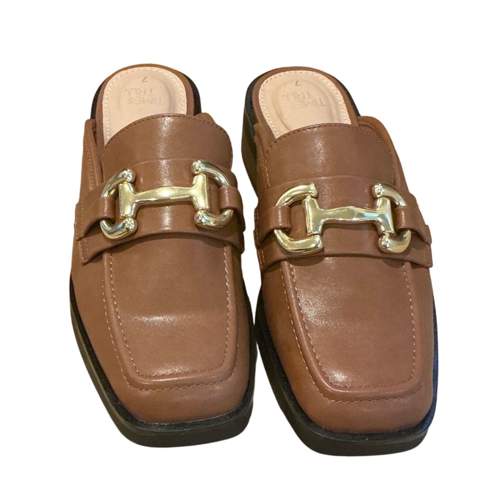 Brown Faux Leather Horsebit Buckle Mule Loafers Square Toe 7 Womens